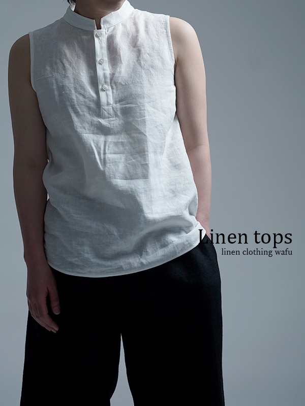 【wafu】雅亜麻 linen shirt スタンドカラー リネンシャツ インナーにも / 白色 p005b-wht1