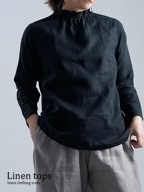 【wafu】雅亜麻 Linen Top タートル ネック インナー黒色 p014a-bck1