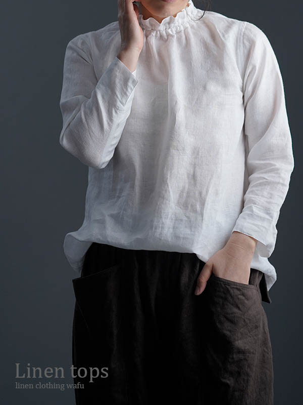 【wafu】雅亜麻 Linen Top タートル ネック インナー白色 p014a-wht1