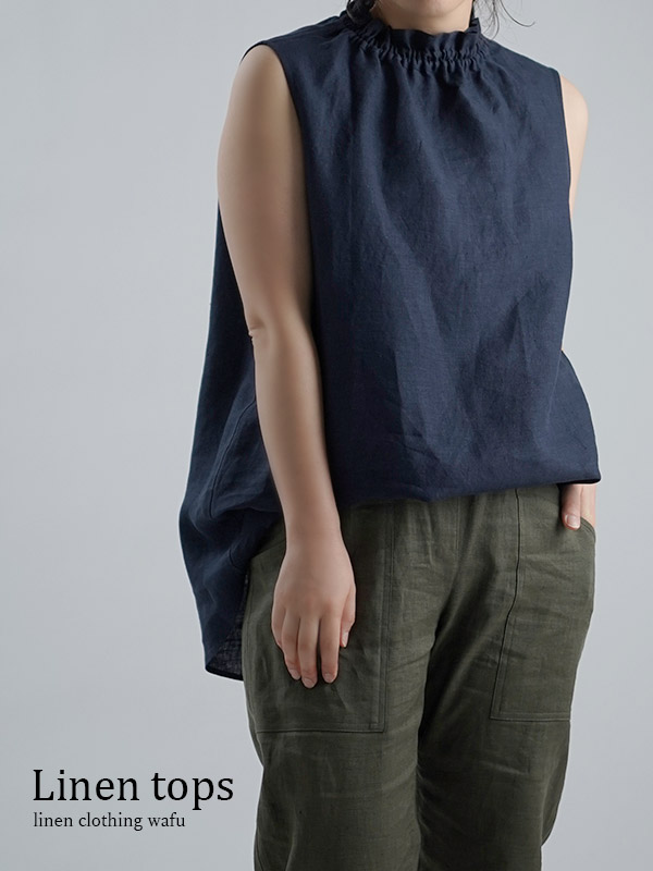 【wafu】雅亜麻 Linen Turtleneck シャーリング ネック インナーとしても/紺青(こんじょう) p014c-kju1