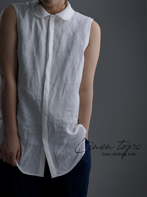 【wafu】雅亜麻 linen shirt 　丸襟 比翼 シャツ/白色 p018a-wht1