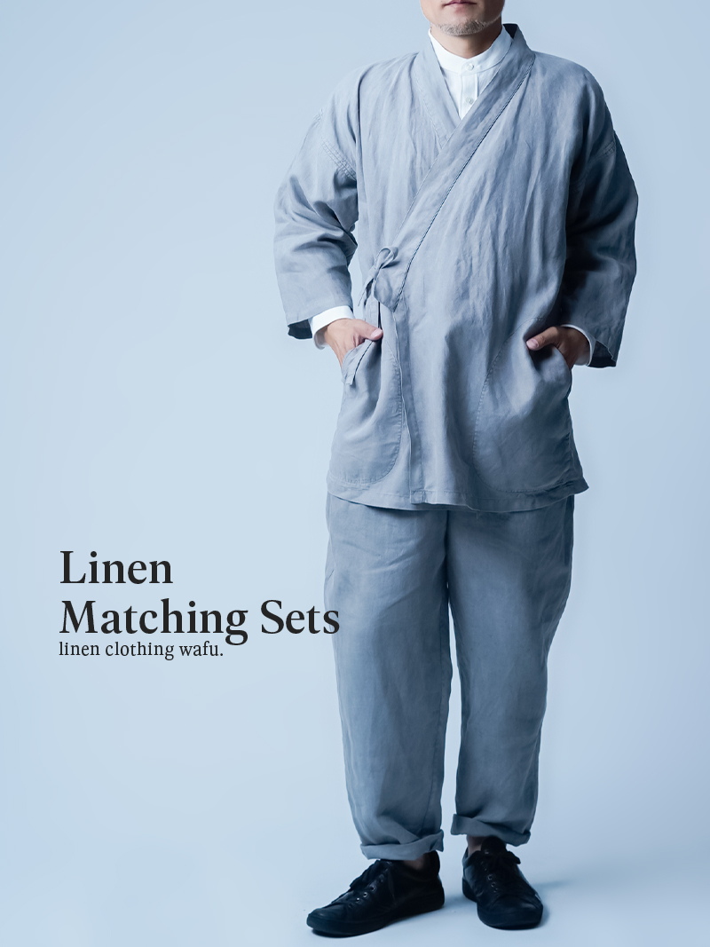 【リネン作務衣】淡いゆらぎが心を整える、自然の循環を纏う 作務衣 上下セット ／ 炭染め r025a-szm1