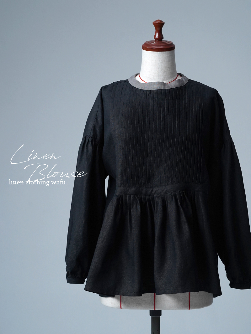 【リユース作品】リネンブラウス ピンタック ブラウス / 黒色 sample-a1182