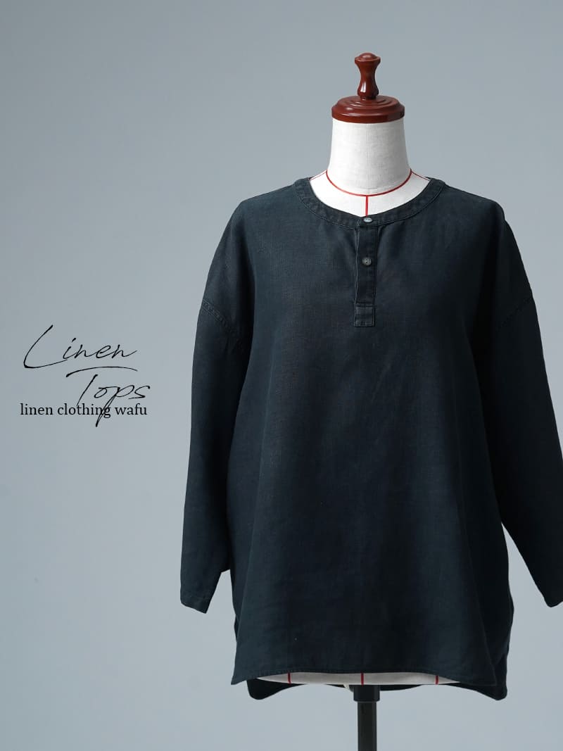 【リユース作品/Ｌサイズ】リネンシャツ ヘンリーネック 7分袖 / 黒色 sample-a1333