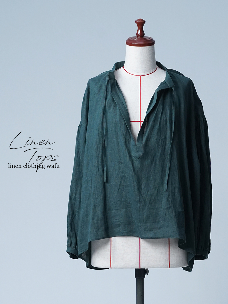 【初売り！】【サンプル作品】深Vネック スキッパー リネンブラウス / 千歳緑 sample-c0011