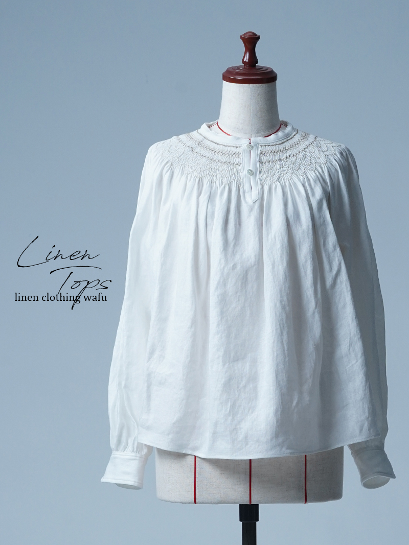 【初売り！】【サンプル作品】スモッキングブラウス / 白色 sample-c0014