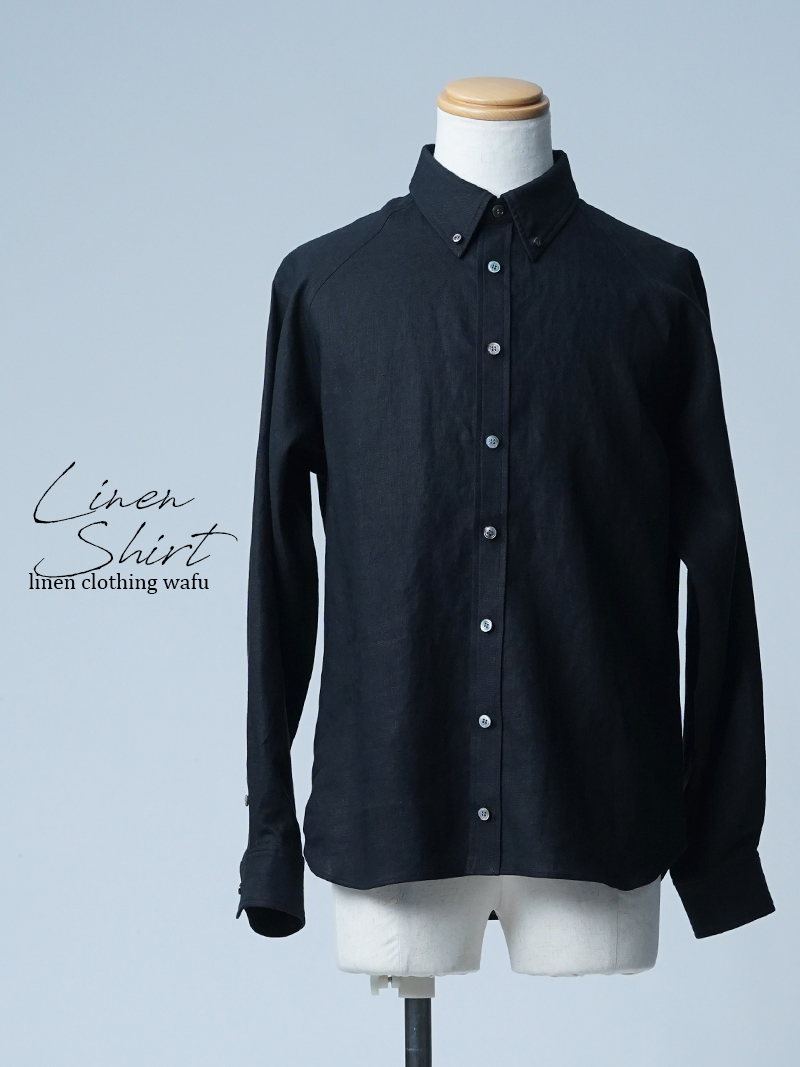 【初売り！】【サンプル作品/Mサイズ】ボタンダウン リネンラグランシャツ / 黒色 sample-c0021
