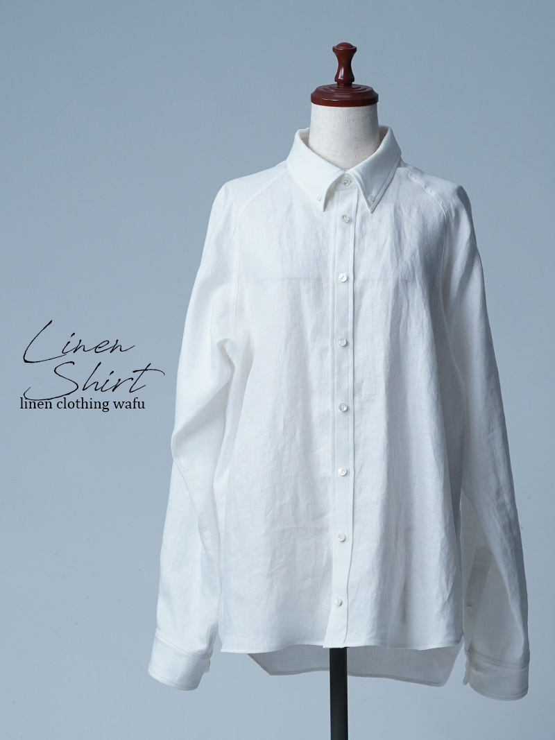 【初売り！】【サンプル作品/Lサイズ】プレミアムリネン ボタンダウン ラグランスリーブ シャツ / ホワイト sample-c0025