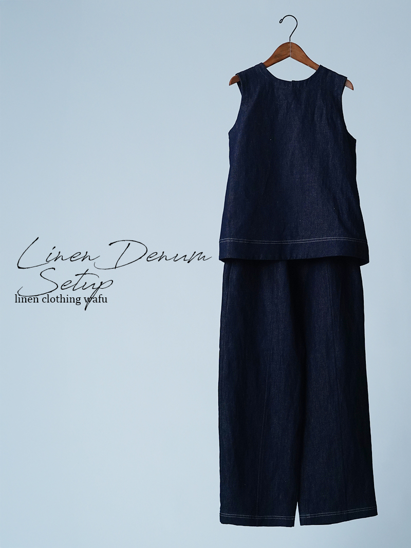 【初売り！】【サンプル作品】ノースリーブ トップス パンツ リネンデニムセットアップ / 色 sample-c0038