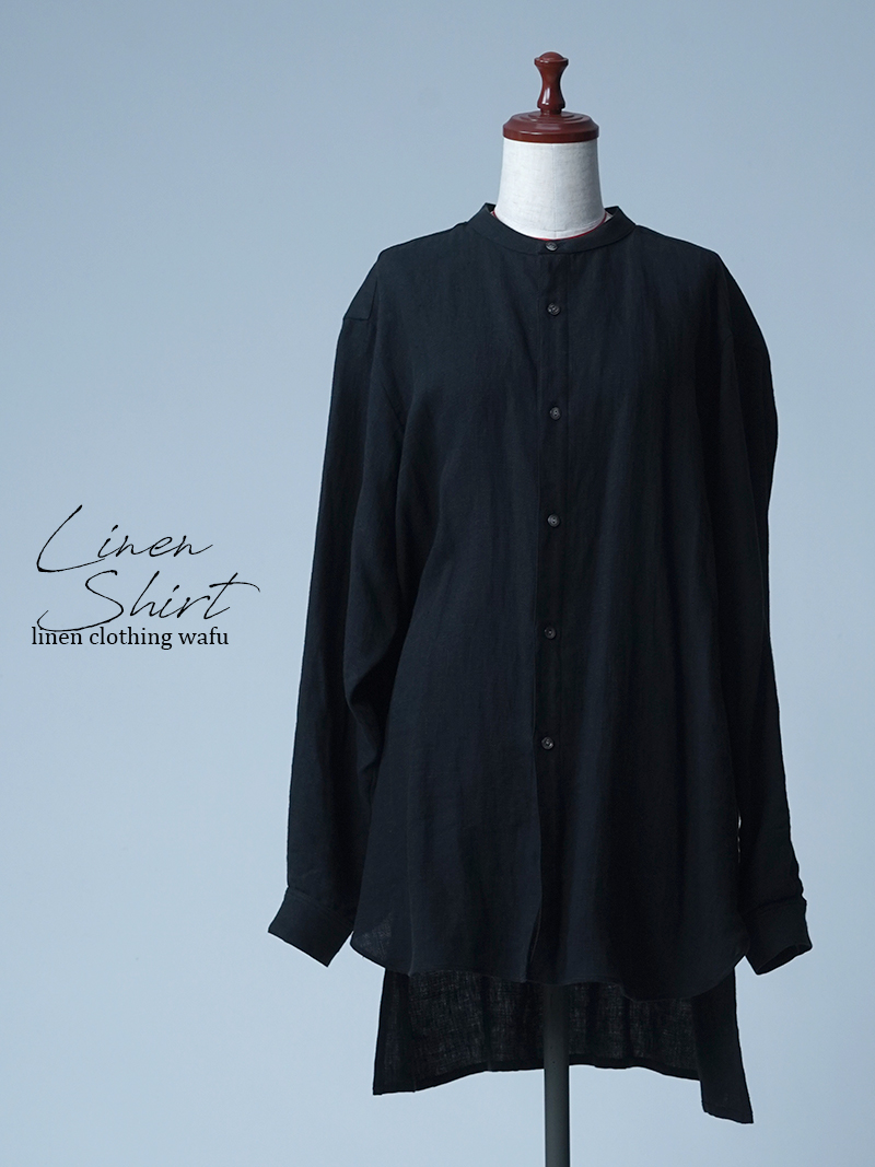 【初売り！】【サンプル作品/Lサイズ】リネン梨地 バンドカラーロングシャツ / ブラック sample-c0096