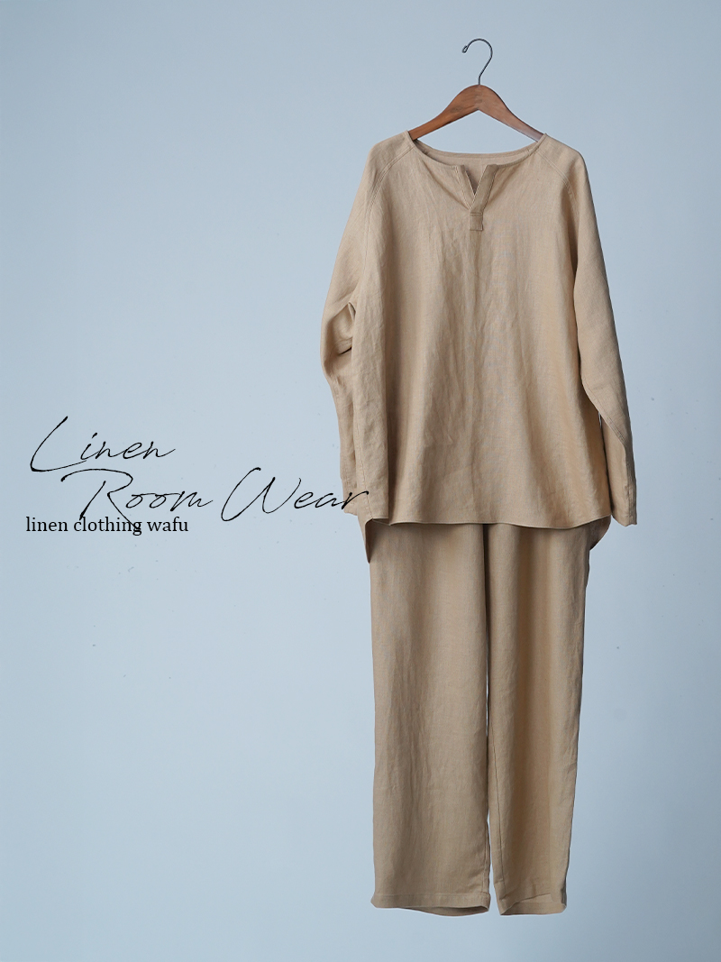 【初売り！】【サンプル作品/Lサイズ】ヘンリーネック リネンルームウエア 上下セット / アルザン sample-c0120