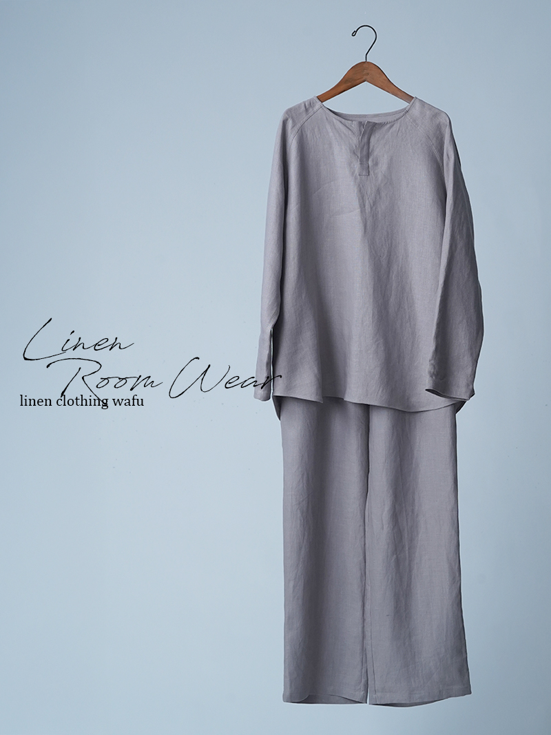 【初売り！】【サンプル作品/Lサイズ】ヘンリーネック リネンルームウエア 上下セット / ローズミスト sample-c0121
