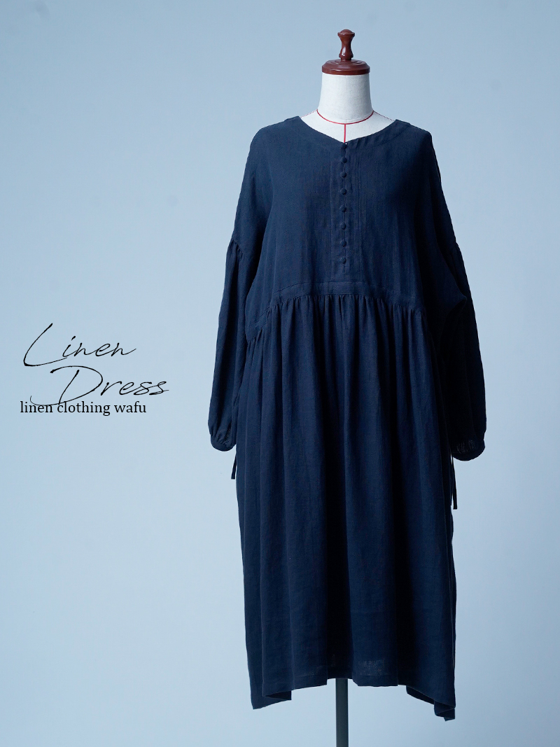 【初売り！】【サンプル作品/Sサイズ】くるみボタン ポワン袖 リネン梨地ワンピース / ネイビー sample-c0125