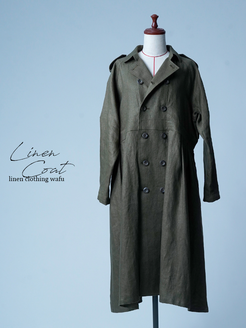 【初売り！】【サンプル作品/Mサイズ】リネンヘリンボーン トレンチコート / カーキ sample-c0126