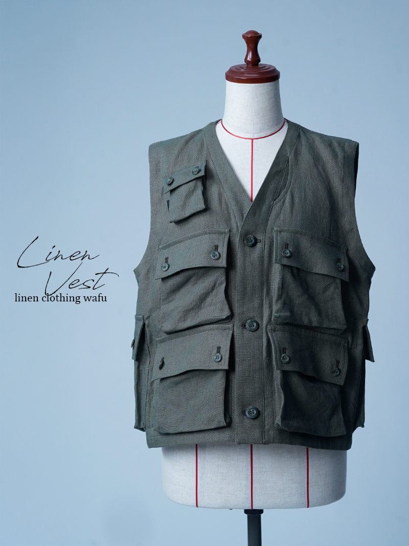 【初売り！】【サンプル作品】ミリタリー リネンベスト / オリーブグリーン sample-c0127
