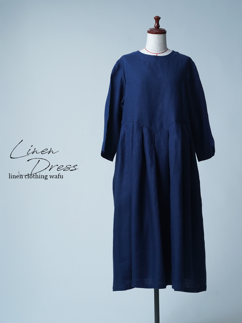 【初売り！】【サンプル作品/Lサイズ】プレミアムリネン 鍵盤タックドレス / ブルーニュイ sample-c0137