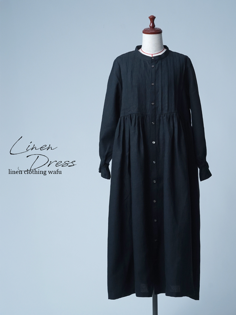 【初売り！】【サンプル作品】ピンタック 前ボタン リネン2wayドレス / 黒色 sample-c0152