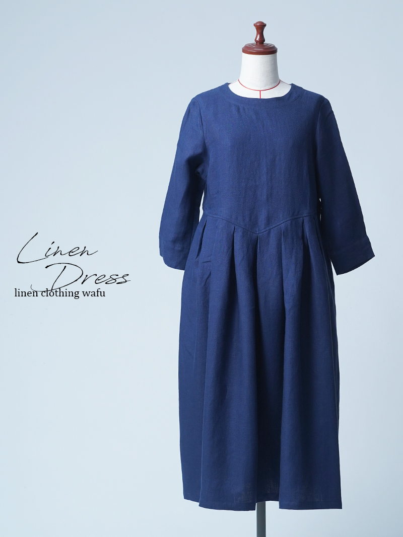 【初売り！】【サンプル作品/Mサイズ】プレミアムリネン 鍵盤タック ドレス / ブルーニュイ sample-c0190