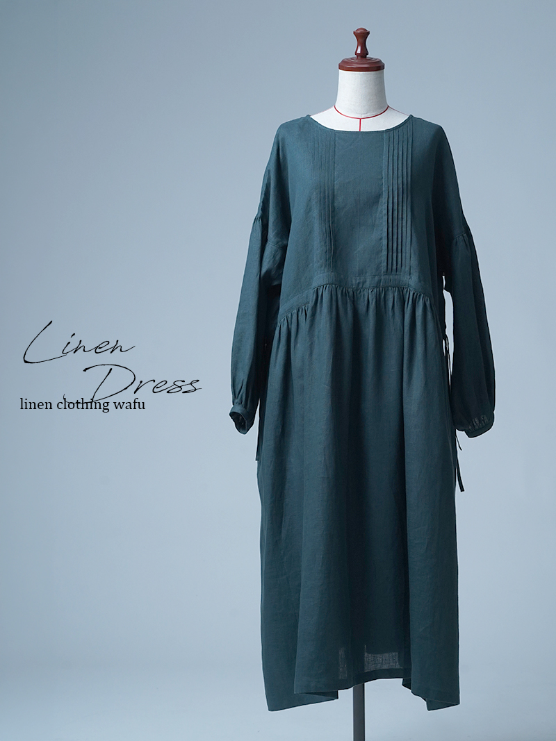 【見本品】リネンドレス ピンタック リネンドレス ワンピース / 千歳緑(ちとせみどり) sample-d0072