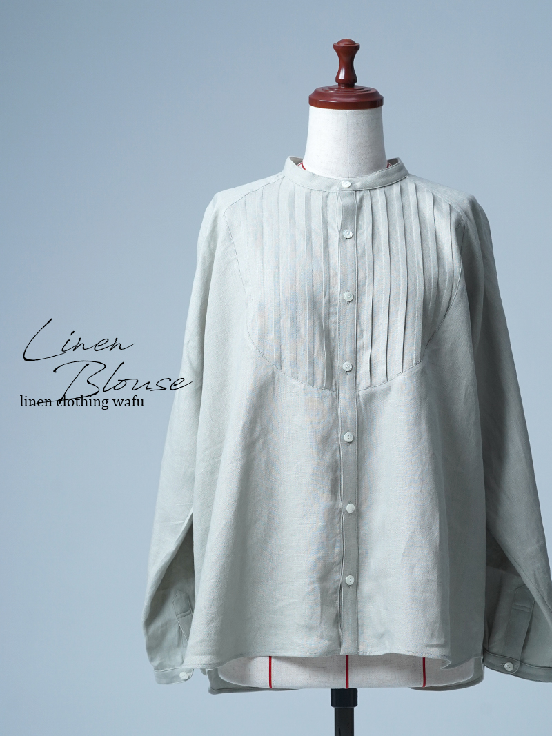 【見本品/Ｌサイズ】リネンブラウス プザムシャツ / 白緑(びゃくろく) sample-d0079