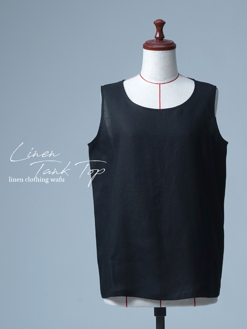 【見本品/Ｌサイズ】リネンタックトップ 軽く 心地いいタンク / 黒色 sample-d0109
