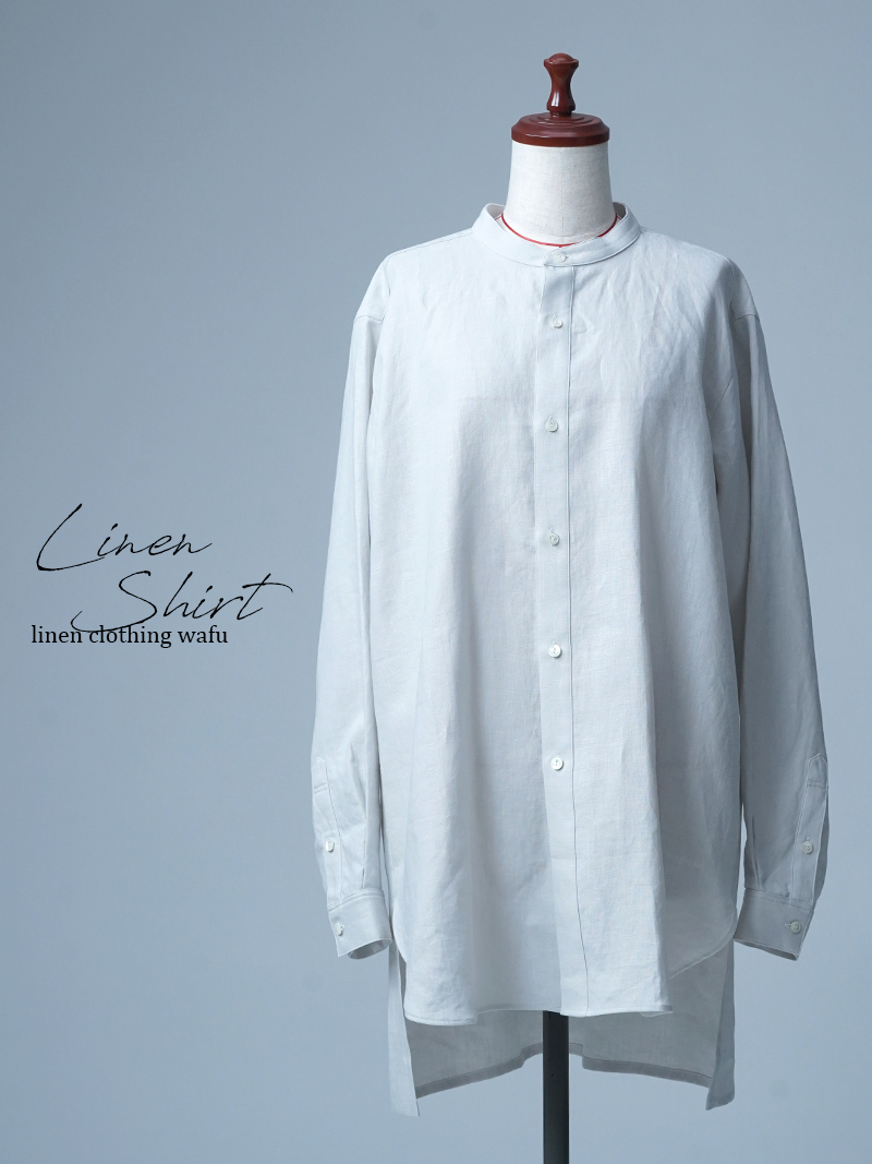 【見本品/Ｌサイズ】リネンシャツ バンドカラーロングシャツ / 白花色 sample-d0118