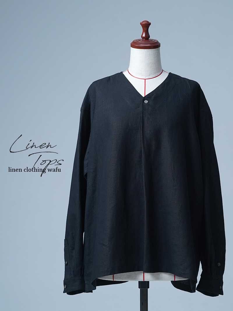 【見本品】リネン Vネックトップス 長袖 / 黒色 sample-d0125