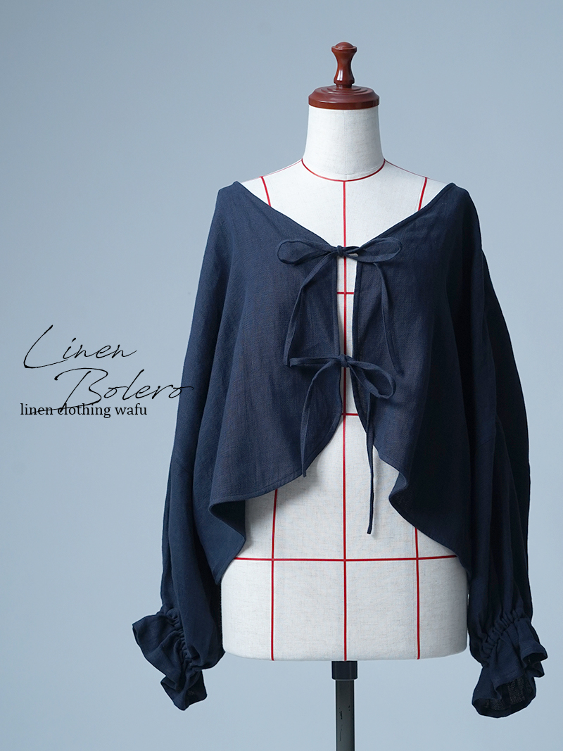 【見本品】リネンボレロ リネン梨地 ぽわん袖羽織 / ネイビー sample-d0126