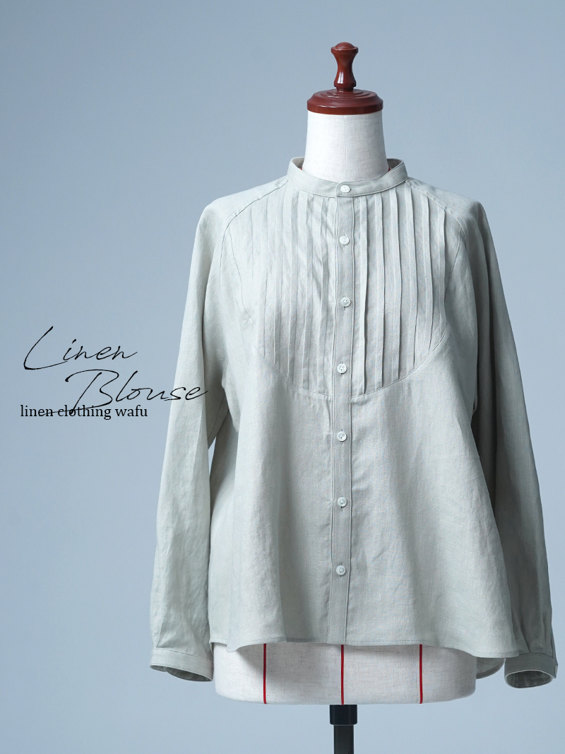 【見本品/Ｍサイズ】リネンブラウス プザムシャツ / 白緑(びゃくろく) sample-d0137