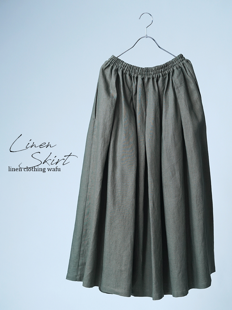 【見本品】リネンスカート ウエストタック ロングスカート / オリーブグリーン sample-d0146