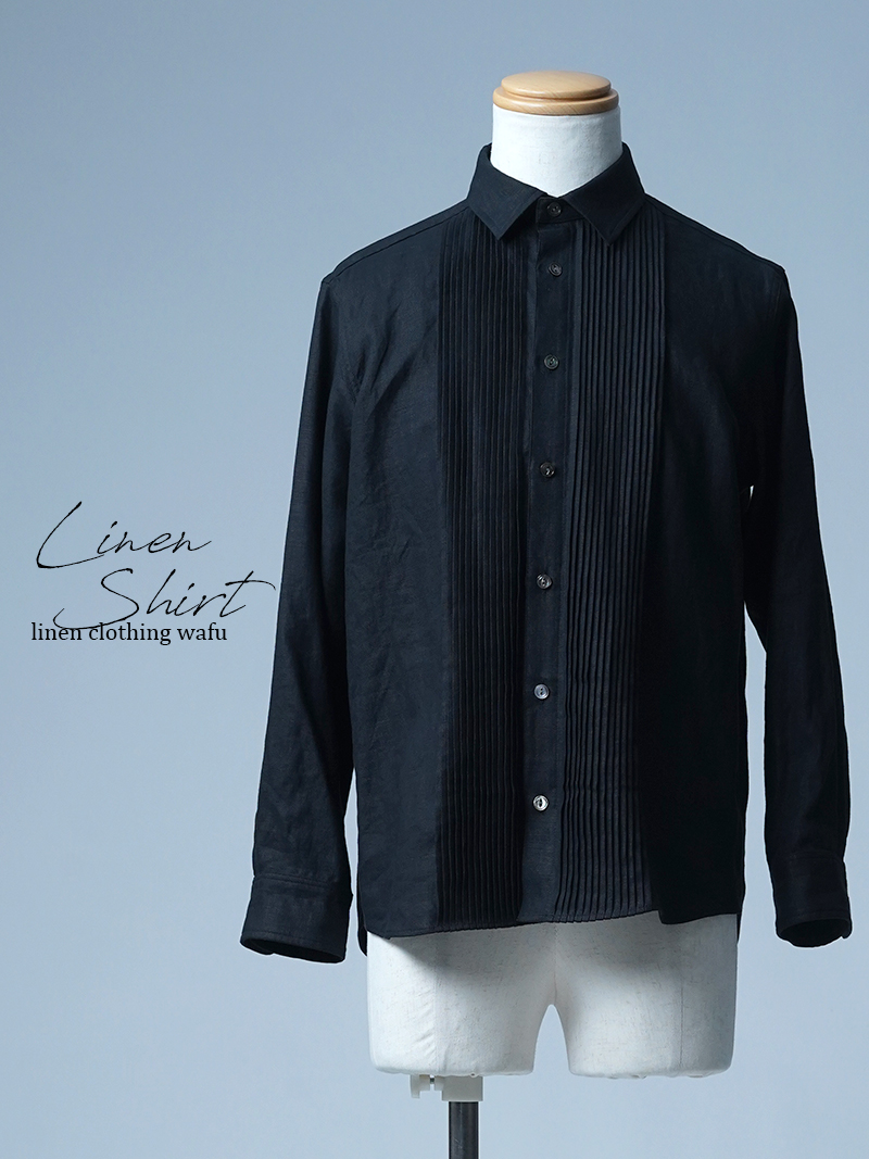 【見本品/Ｓサイズ】リネンシャツ リネンピンタック メンズシャツ / 黒色 sample-d0171
