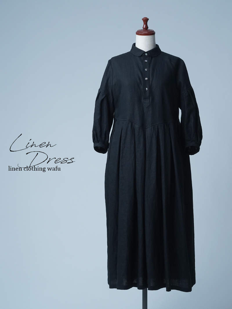 【見本品/Ｍサイズ】リネンドレス  丸襟 鍵盤タックワンピース / ブラック sample-d0172