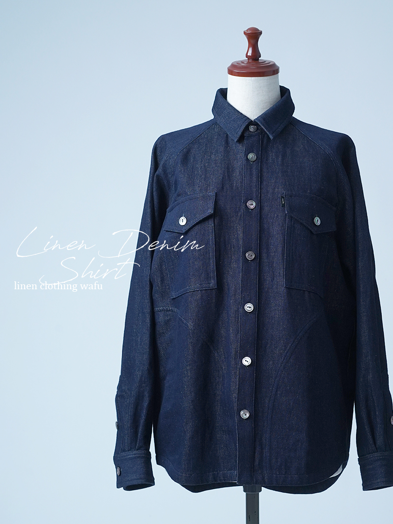 【見本品/Ｍサイズ】リネンデニムシャツ ポケットシャツ / ダークインディゴ sample-d0190