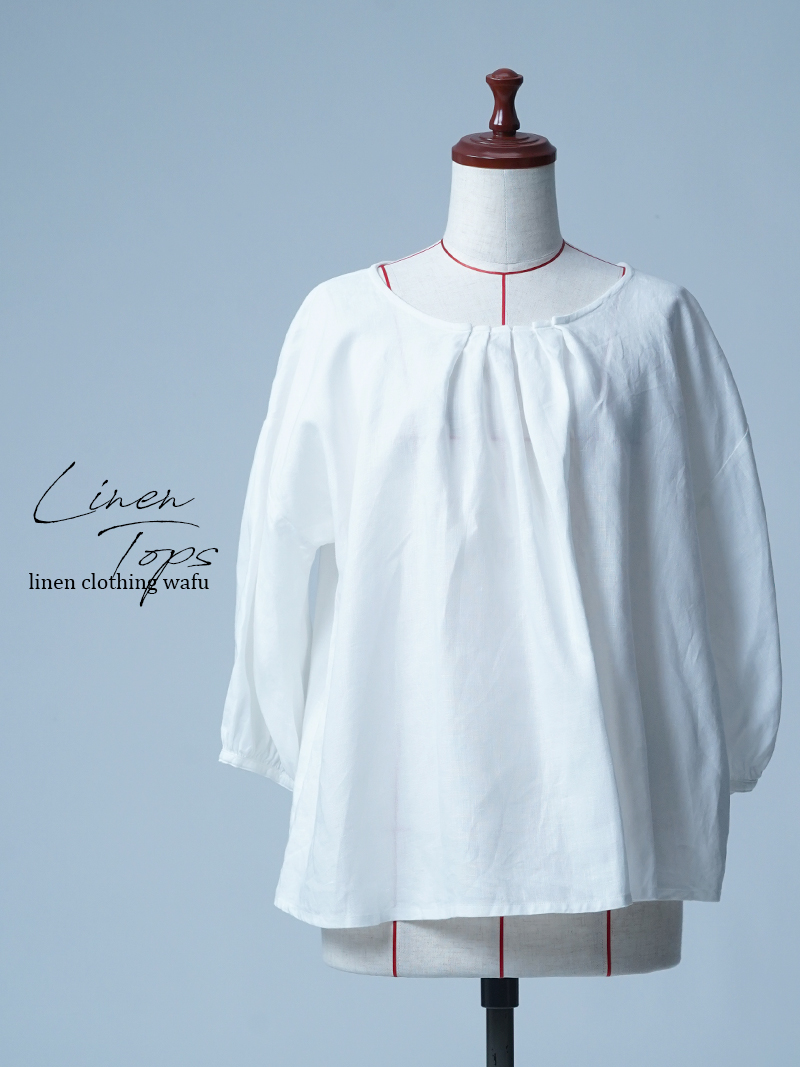 【見本品】リネントップス ギャザー入り 七分袖 / 白色 sample-d0224