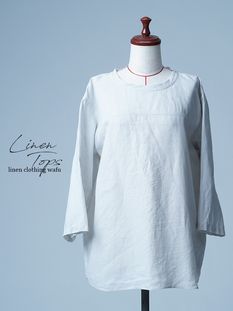 【見本品/Ｍサイズ】リネントップス 7分袖 プルオーバー  / 白花色 sample-d0244