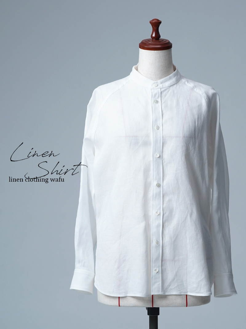 【見本品/Ｓサイズ】リネンシャツ ラグラン スタンドカラーシャツ / 白色 sample-d0276