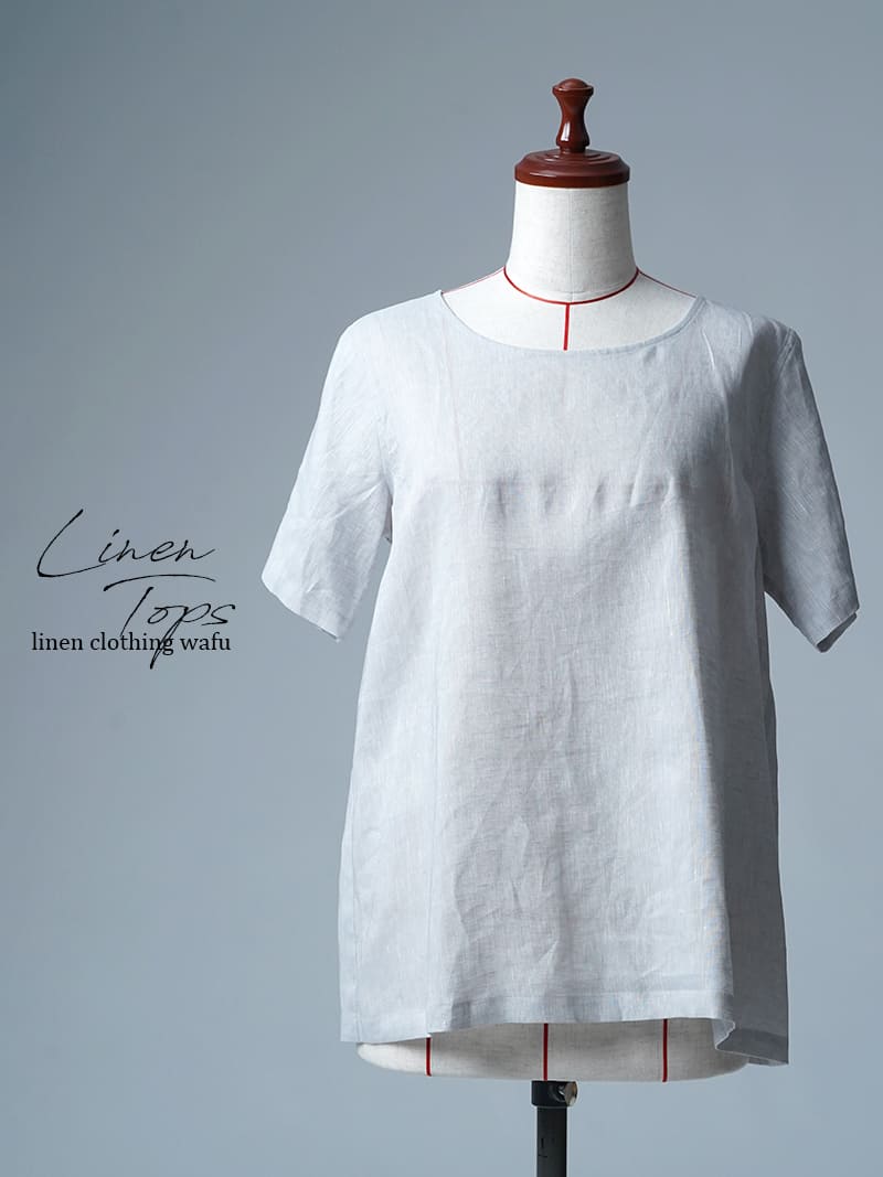 【訳あり見本品/Ｌサイズ】リネントップス リネンシャンブレー 半袖インナートップス / ライトグレー sample-d0299