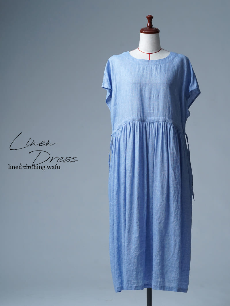 【見本品/Ｍサイズ】リネンドレス リネンシャンブレー ブラウジング フレンチスリーブワンピース / ブルー sample-d0314