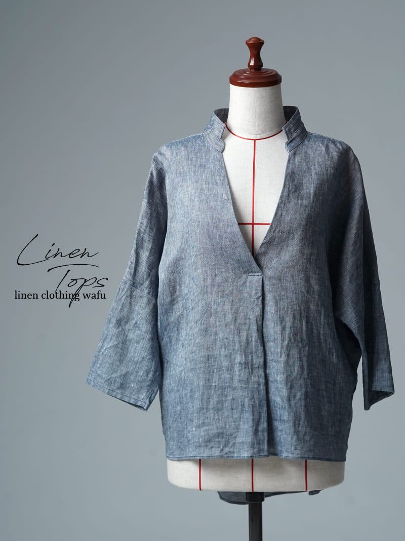 【見本品】リネントップス Vネック スキッパー ブラウス  / ネイビー sample-d0346