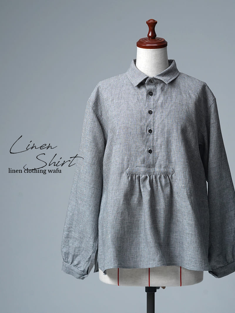 【見本品/Ｌサイズ】リネンシャツ スキッパーシャツ / ピンチェック柄 sample-d0472
