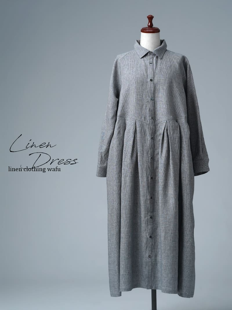【見本品/Ｍサイズ】リネンドレス 鍵盤タック 前開きシャツワンピース / ピンチェック柄 sample-d0475