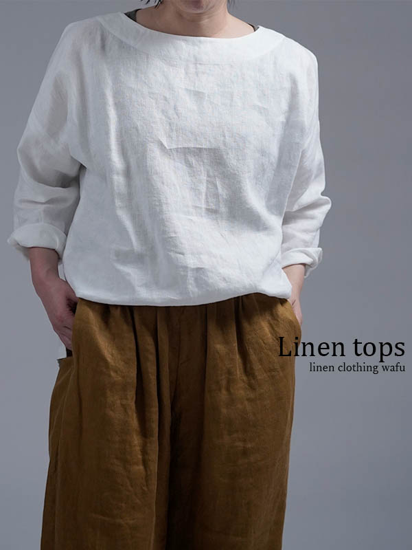 【wafu】Linen Top クルーネックトップス / ホワイト t002b-wht2