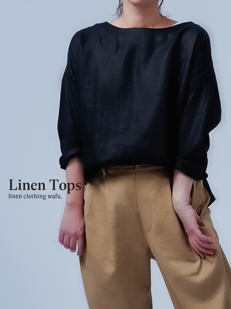 ※生産終了※【リネントップス】重ねなくても1枚で暖かい クルーネックトップス ／ ランプブラック t002o-lbk3