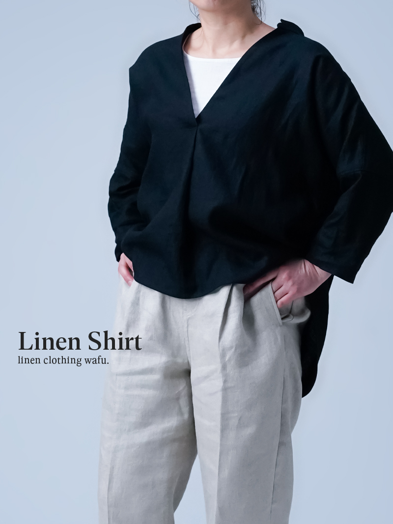 Linen Skipper Top　スタンドカラーブラウス /黒色 t005e-bck1