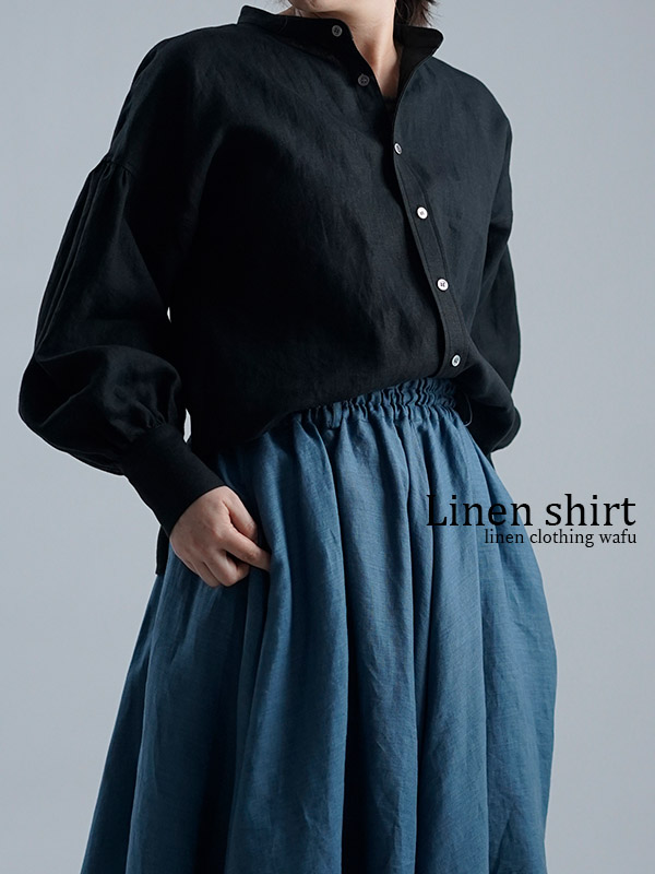 Linen Shirt  ランタンスリーブシャツ / 黒色 t007c-bck1