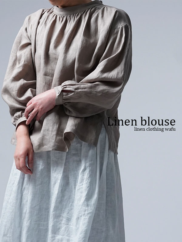 【wafu】Linen blouse ギャザード・ネック アンティークブラウス / 空五倍子色(うつぶしいろ) t013e-ubs1