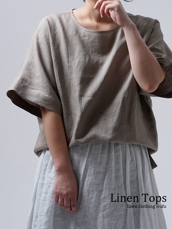 【リネントップス】体のラインが出ず　快適な着心地 ビッグTシャツ / 空五倍子色(うつぶしいろ) t017d-ubs1