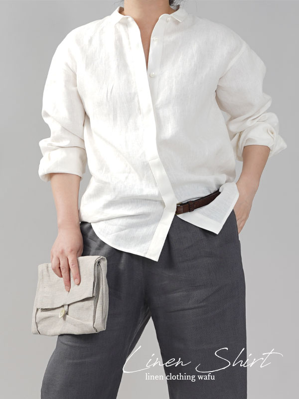 【wafu】中厚 比翼リネンシャツ 長袖 ちび襟 リネンシャツ ドロップショルダー 袖タック カフス袖/ホワイト【free】t018c-wht2