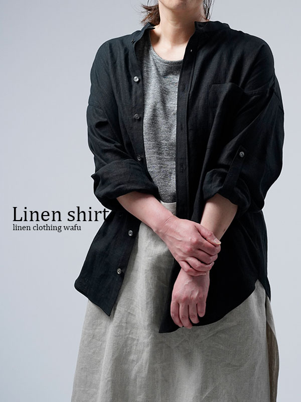【リネンシャツ】時には長袖、時には半袖 見惚れるロールアップシャツ ／ 黒 t021f-bck1