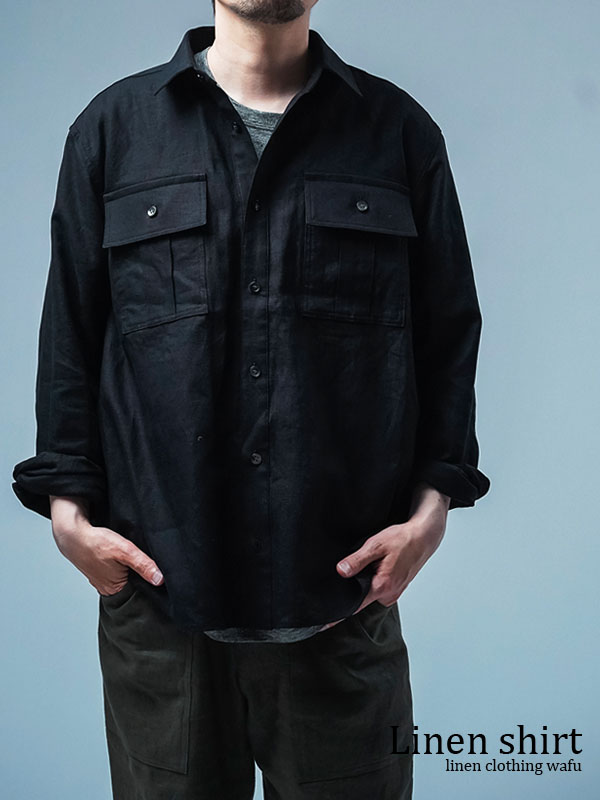 ※生産終了※もう二度と手に入らないリネン100%ストレッチ　 サファリシャツ / ブラック t032t-bck2